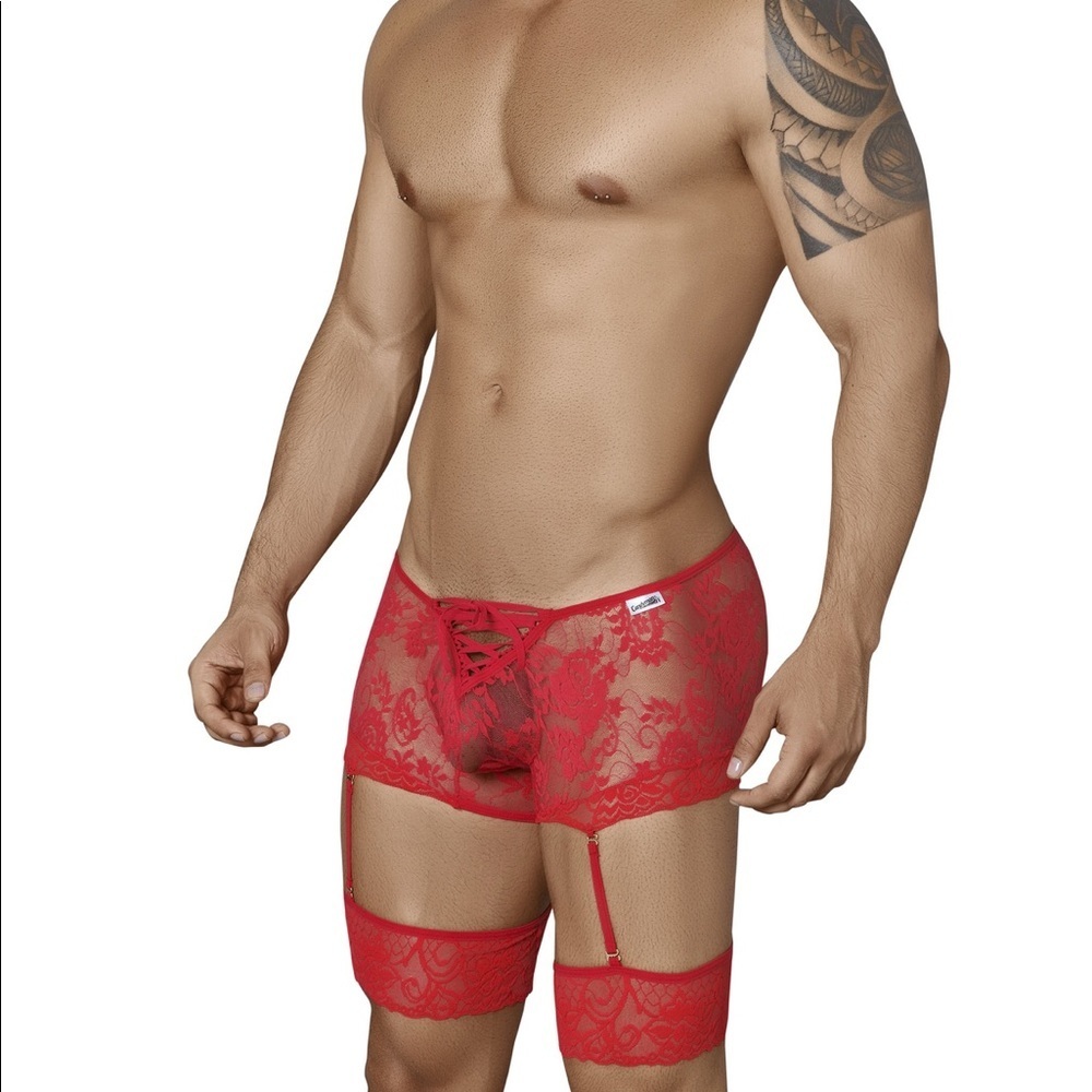 [L] Red Lace Garter Candyman Boxers 99317
